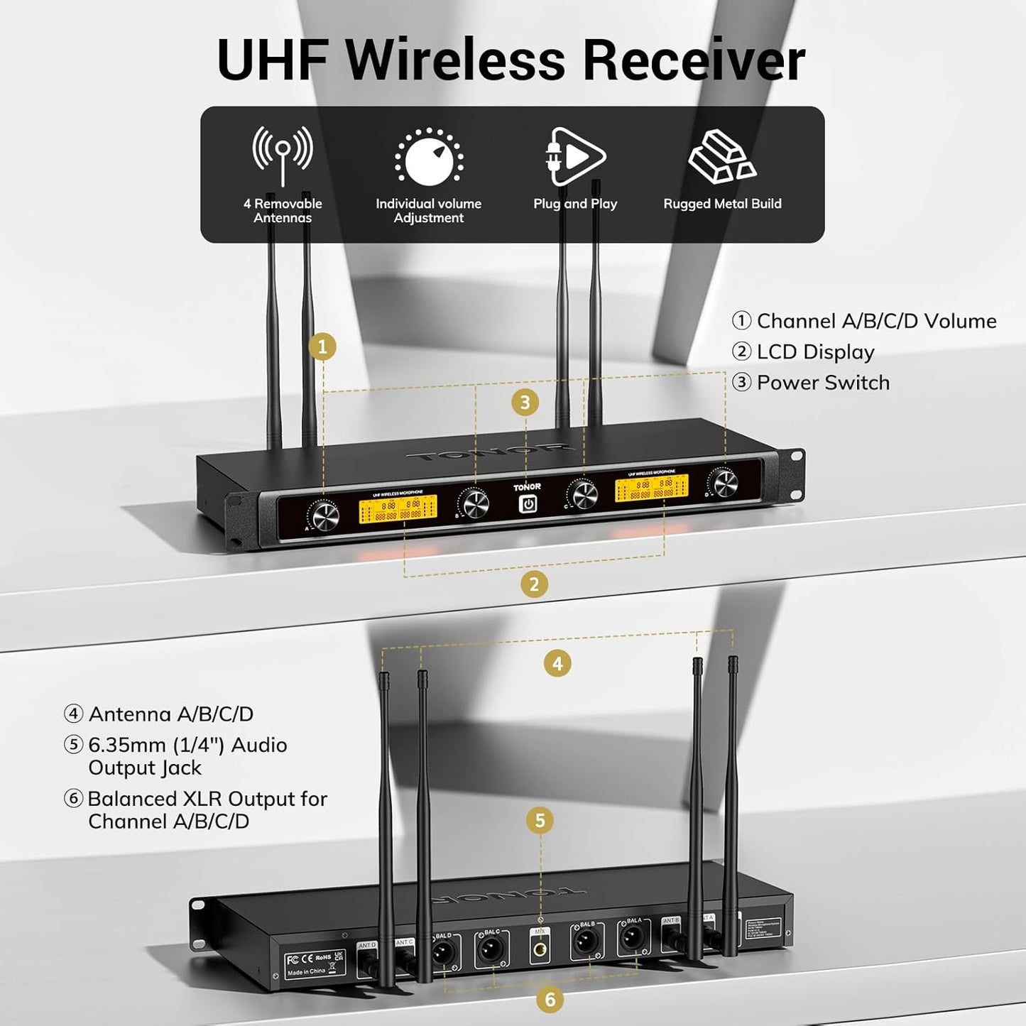 TONOR Wireless Microphones System with 4x10 Channels Dynamic Handheld Mics 4 Antennas for 295FT Long Distance Mic with Adjustable Frequencies Auto Connect for Singing Party Church Karaoke, Silver&Red