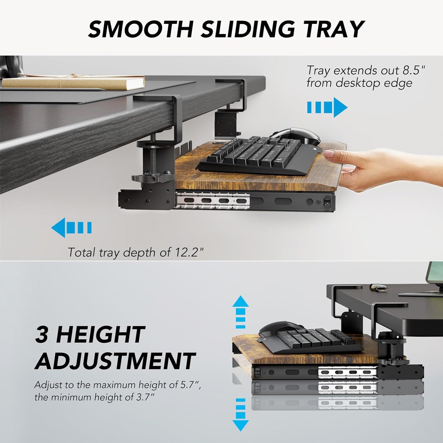 AX WABER Keyboard Tray Under Desk Pull Out with Extra Sturdy C Clamp Mount System, 27.3 (32.5 inch Including Clamps) x 11 Inch Slide-Out Platform Computer Drawer for Typing Vintage AX01WG02