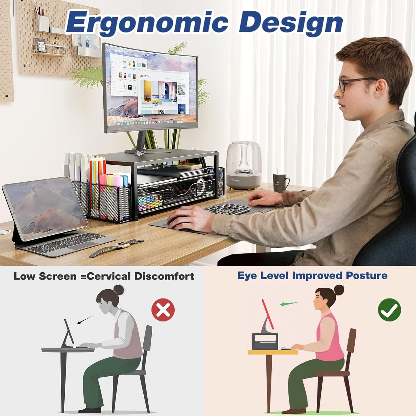 Desk Organizers and Accessories, 2-Tier Computer Monitor Stand Riser with Drawer and 2 Pen Holders, Laptop Stand, Office Desk Accessories for Office Supplies, Brown