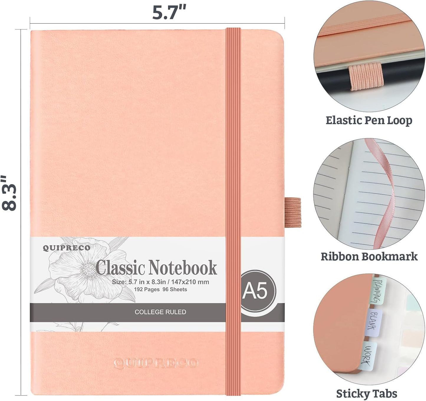 Hardcover Lined Bullet Dotted Journal Notebook, A5 140 192 Pages 100 120Gsm Paper College ruled for School,Work,Travel,and Daily Planning，5.7''*8.3'' (1, Blush, A5 Lined)