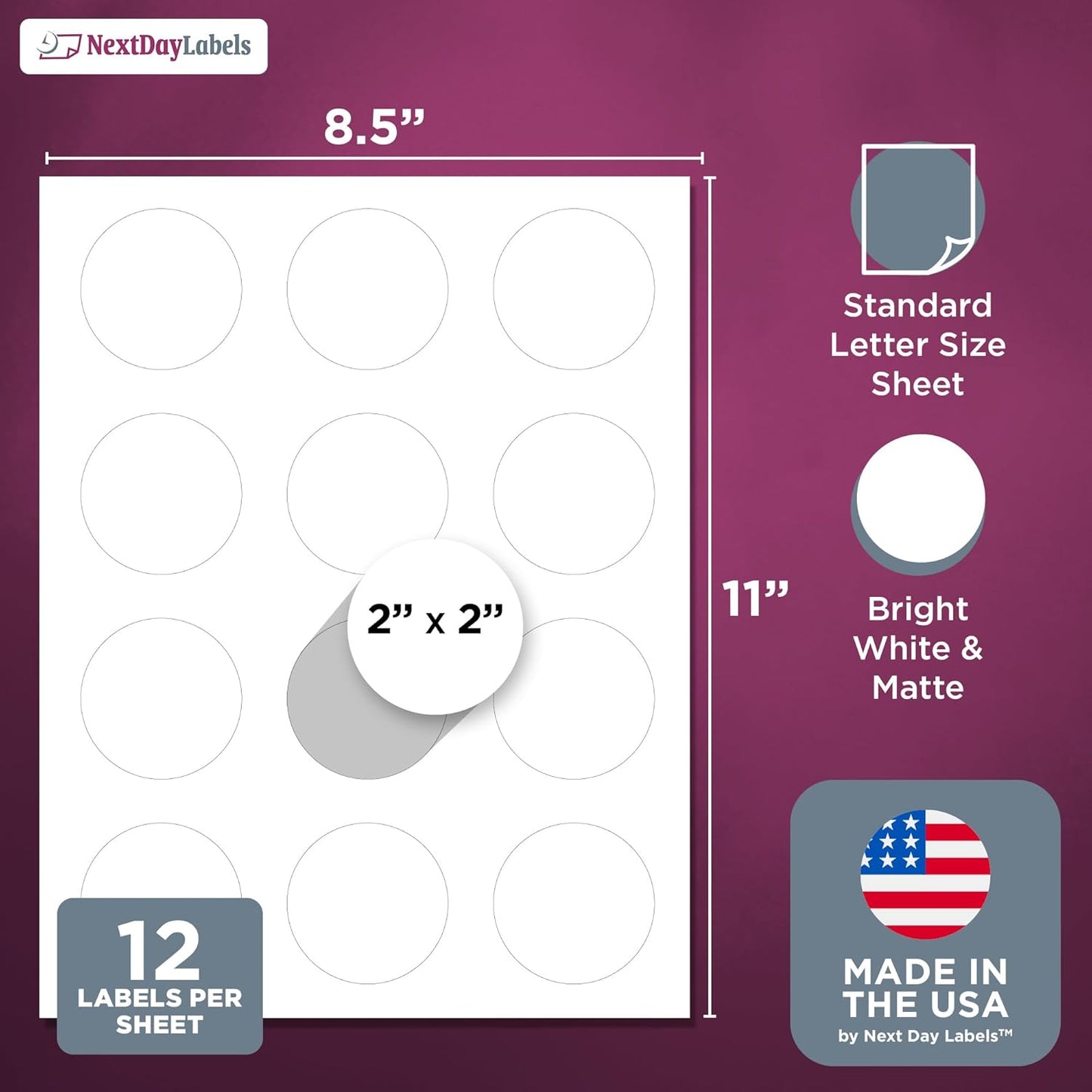 NextDayLabels - 2 Inch Round Circle Stickers - Matte White Blank Laser/Inkjet Printer Labels (300 Labels, 25 Sheets, 12 Per Sheet)