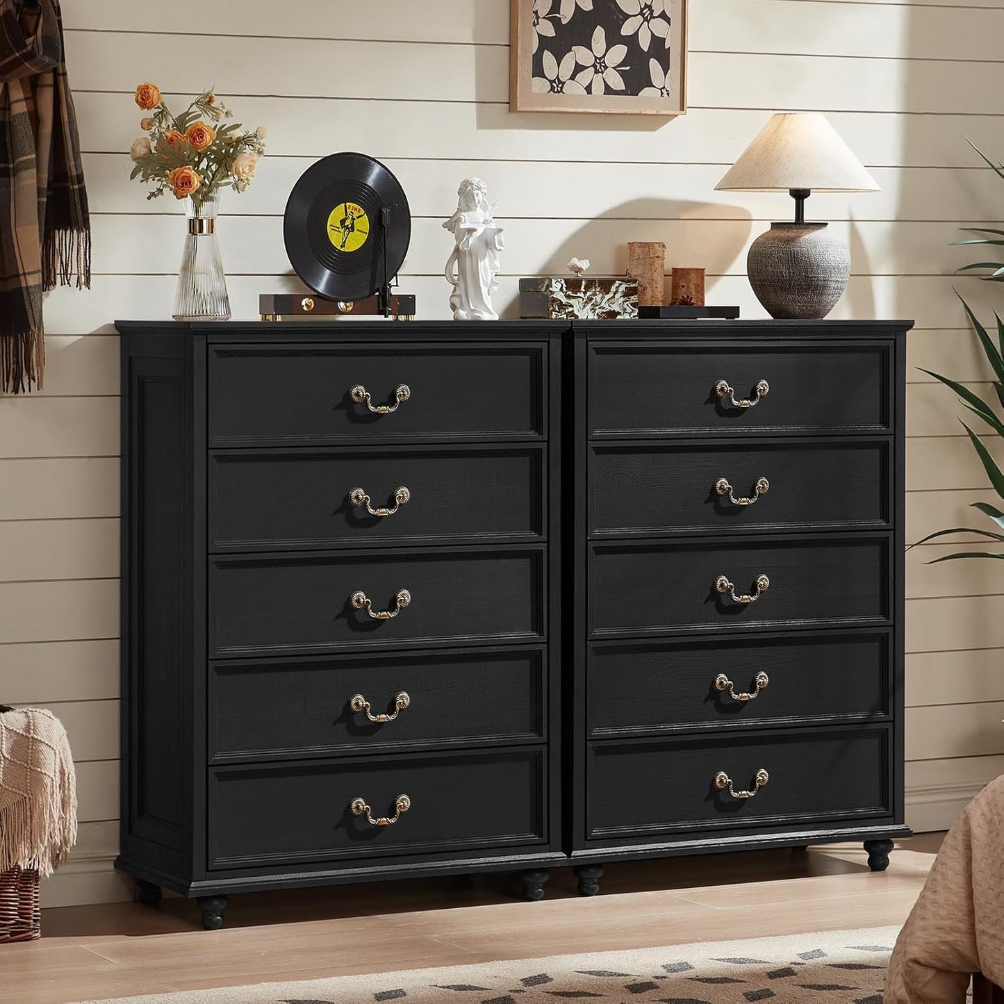 Farmhouse 5 Drawer Dresser Set of 2 for Bedroom, 45" Tall Rustic Chests of Drawers w/ 4 Solid Wood Feet, Vintage Mid Century Wooden Closet Storage Dressers Organizer for Living Room, Black