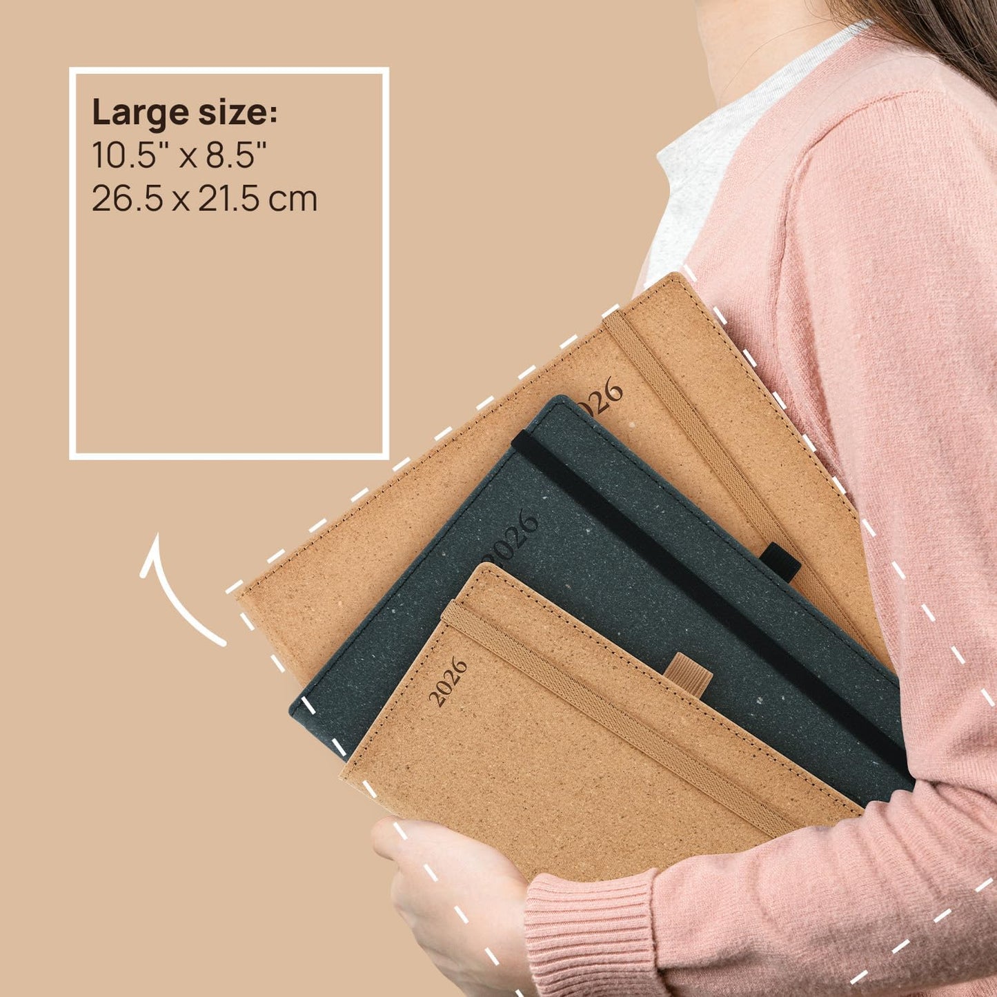 POPRUN 2026 Planner - 2026 Recycled Weekly Planner[8.5''x 10.5''- Italian Regenrated Leather Hard Cover] with Hourly Schedule & Vertical Weekly Layout, Monthly Tabs, Inner Pocket - Desert Brown