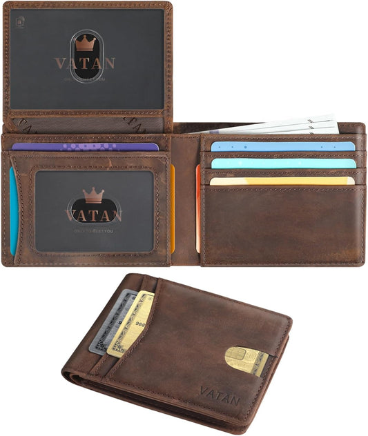 VATAN Wallet for Men, Mens Minimalist Wallet Credit Card Holder, Slim Leather Rfid 2 ID Window Large Capacity With Gift Box (CH Coffee)