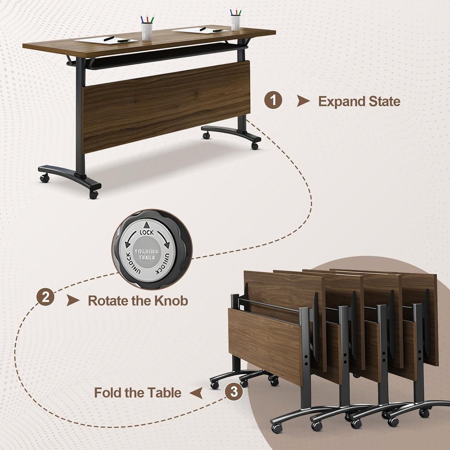 Folding Conference Room Table, Modern Conference Tables with Wheels, Large Rectangular Mobile Training Tables for Office Classroom, Foldable Modular Boardroom Seminar Table Walnut (2pack L63in)