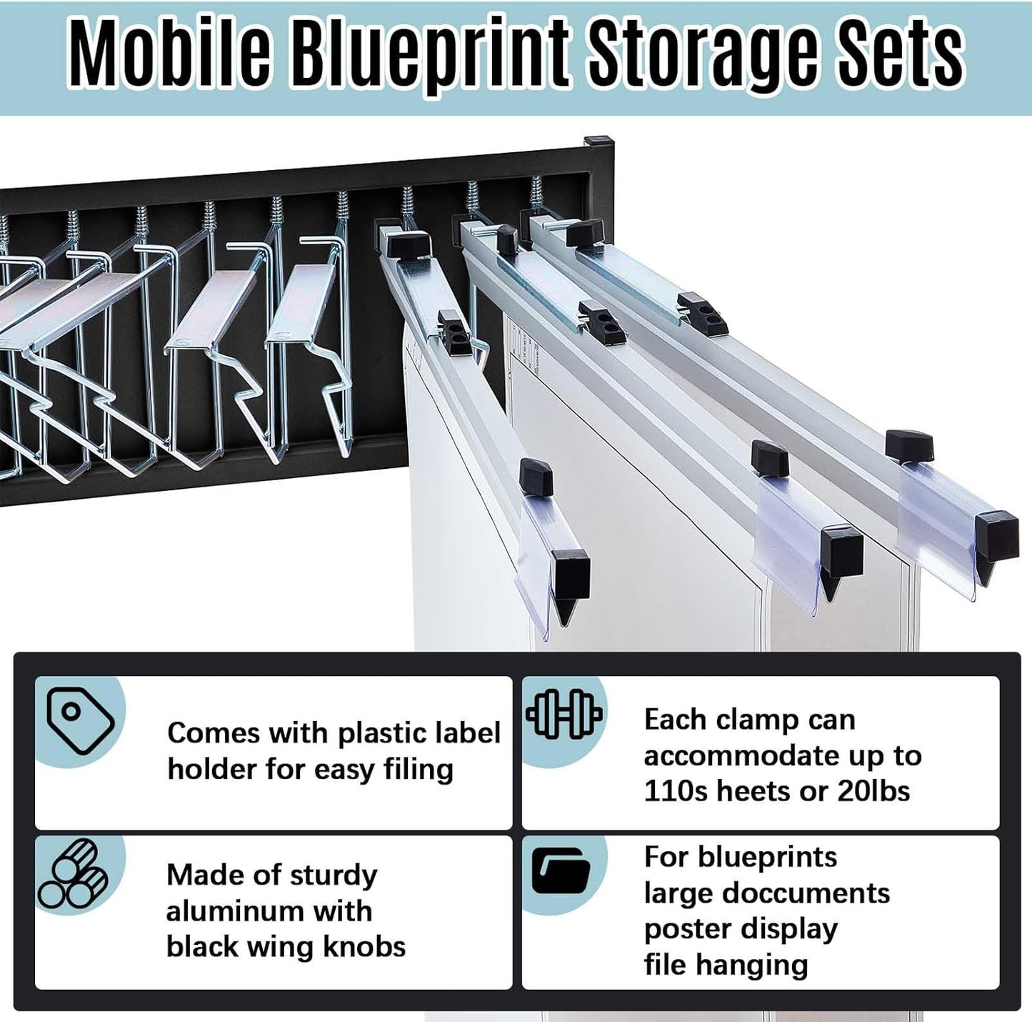 Estune Mobile Blueprint Holder Rack, Adjustable Mobile Blueprint Holder with 6 30 In Hanging Clamps 4 Wheels Poster Display Rack Storage Organizer Stand for File Display Plan Office Home(Black)