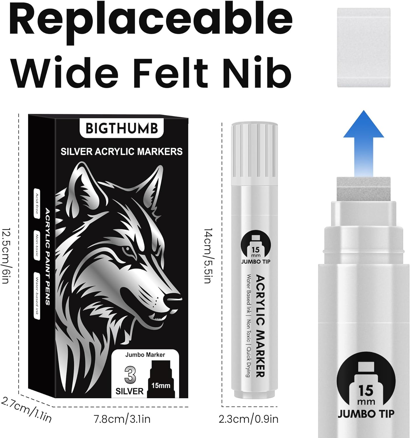 3 Pcs Silver Jumbo Permanent Markers: 15mm Wide Tip Thick Acrylic Paint Pen Large Calligraphy Marker for Rock Painting, Poster, Sign, Canvas, Glass, Wood, Ceramic