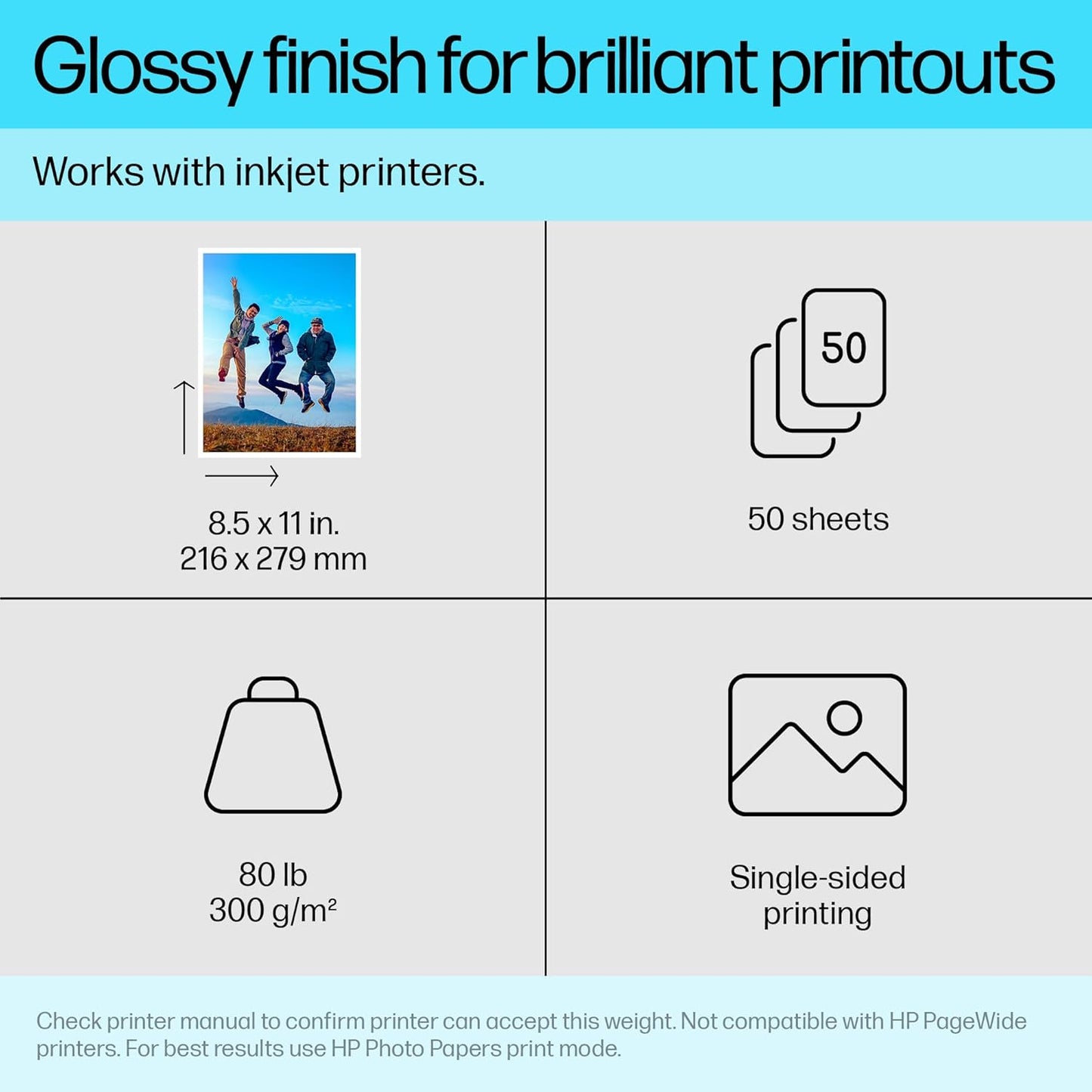HP Premium Plus Photo Paper, Glossy, 8.5x11 in, 50 sheets (CR664A), White, Pack 1