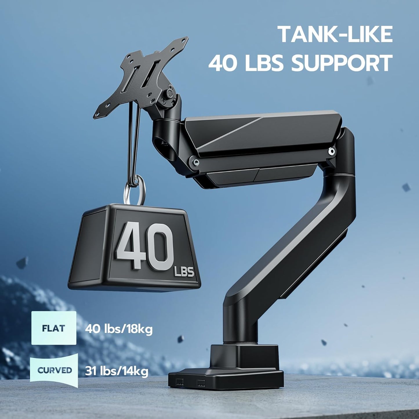 ARES WING Ultrawide Monitor Arm, Heavy Duty Single Monitor Mount for 13"-49" Curved Screens, Adjustable Stand for Desk with C-clamp & Grommet Base up to 40 LBS, Black