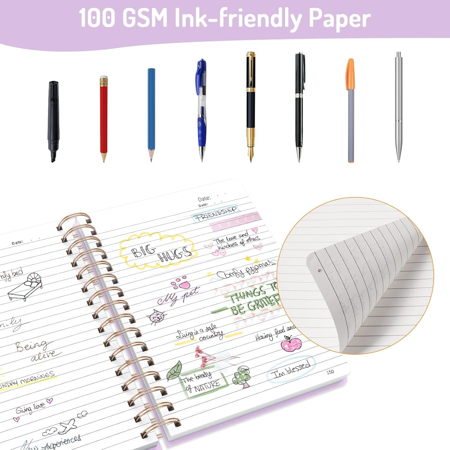 Forvencer Lined Spiral Journal Notebook with 300 Numbered Pages, B5 College Ruled Thick Journals for Writing with 100GSM Paper, Hardcover Notebooks with Contents for Work, School, Women, Men, Purple