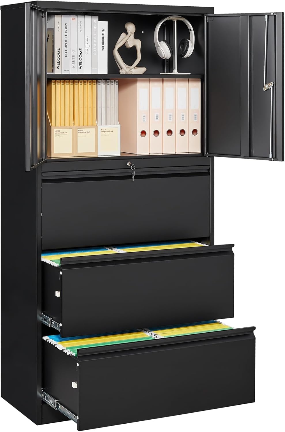 SISESOL 3 Drawer Lateral File Cabinet with Lock and Shelf,White Filing Storage Cabinet with Doors,Locking Metal Storage Cabinets with Drawers for Home,Office,Garage,School,Fit A4/Letter/Legal File
