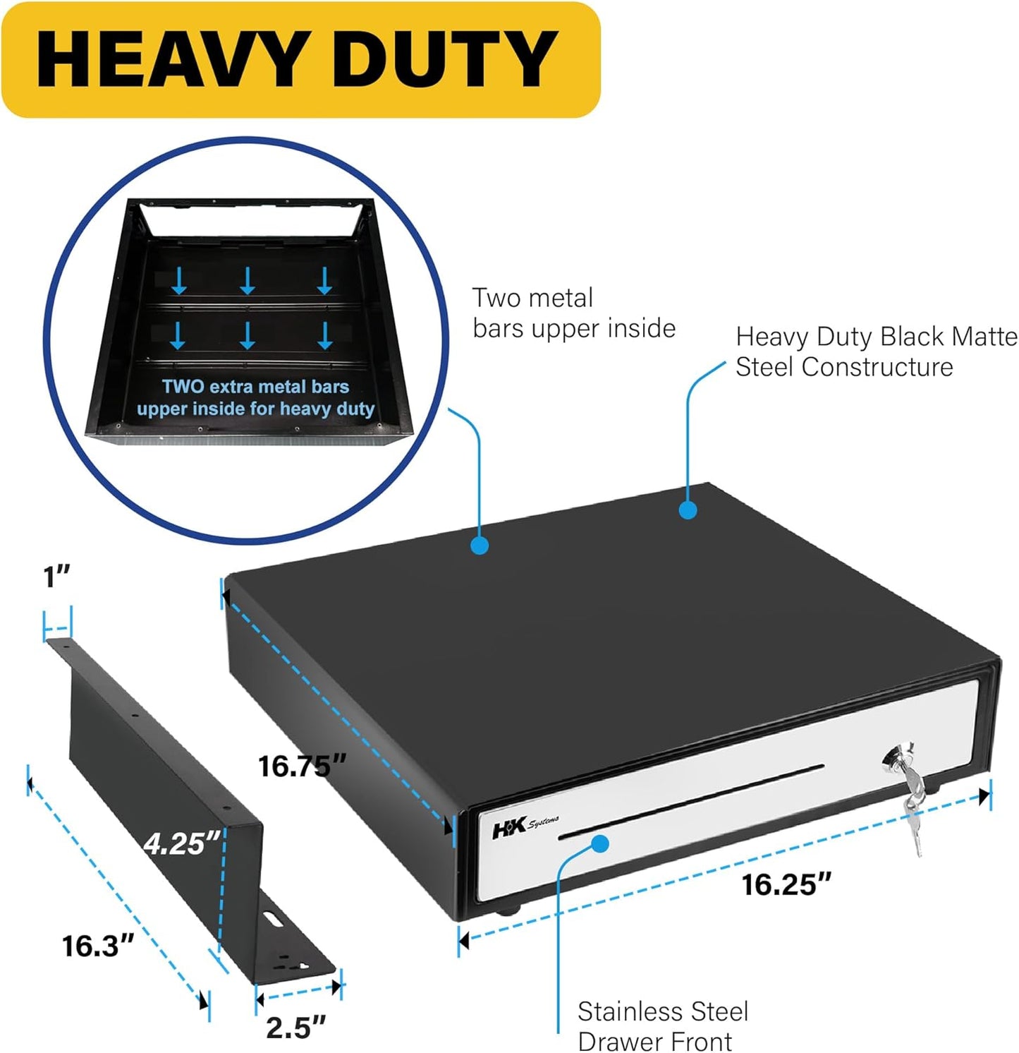 HK SYSTEMS 16" "Stainless Steel" Front Heavy Duty Black POS Cash Drawer with 5Bill/5Coin with Under Counter Mounting Metal Bracket