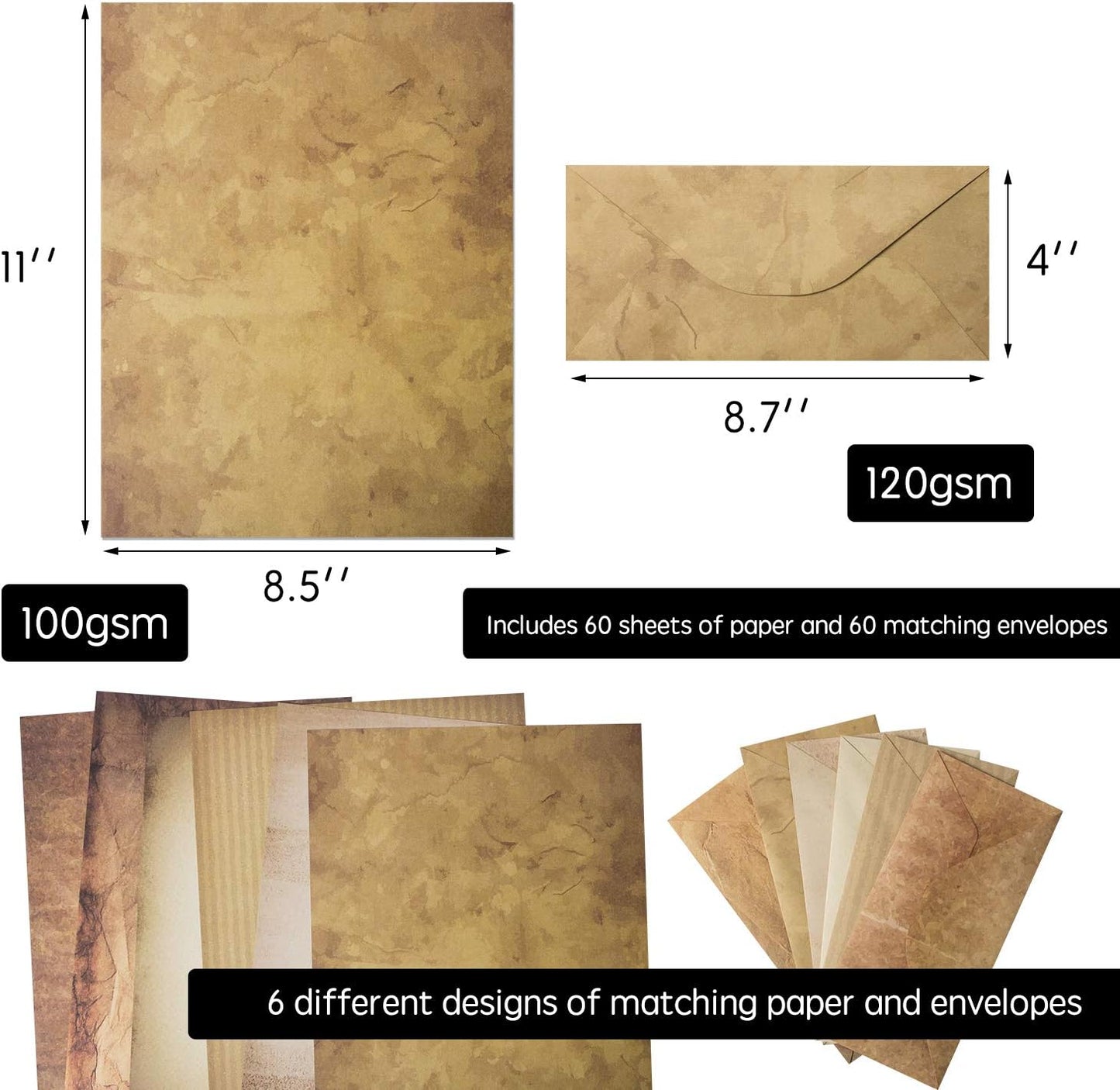 120 Pack Vintage Paper and Envelopes - 60 Sheets of Antique Looking Papers & 60 Antique Style Envelopes - Six Classic Aged Paper Designs - Vintage Printing paper, Vintage Writing Paper, 8.5 x 11 inch