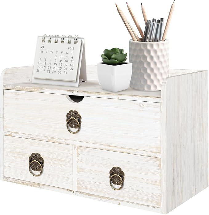 Wood Desk Organizer with Drawer, Tabletop Storage Organization Box by SEEKELEGANT