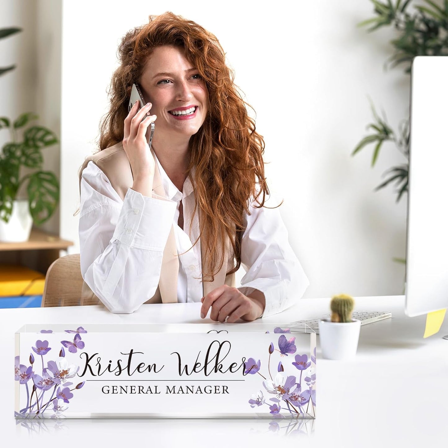 Personalized Name Plate for Desk - Custom Engraved Name Plates for Man - Boss Day Gifts for Boss - Acrylic Office Decor Appreciation Gifts for Teacher Nurse Coworker Social Worker (Orchids)