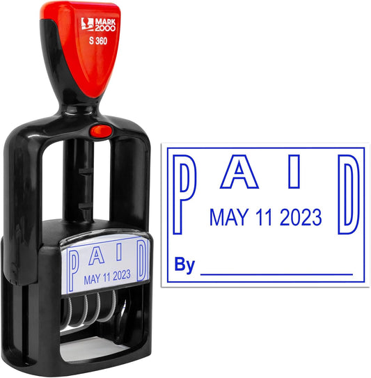 Self-Inking Rubber Date Office Stamp with Paid Phrase - Blue Ink - 12-Year Band