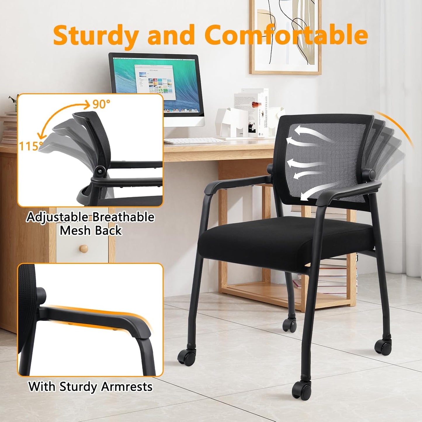 Waiting Room Chairs with Wheels, Adjustable Mesh Backrest, Desk Chair with Ergonomic Lumbar Support and Thickened Seats Cushion, 8 Pack Black