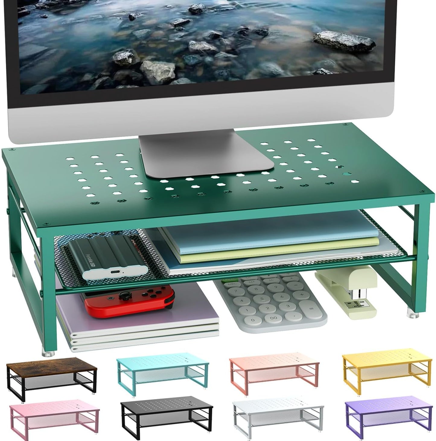 gianotter 2-Tier Metal Monitor Stand Riser, Desk Organizer for Monitor, Office Desk Storage Organizer for Office Supplies (Dark Green)