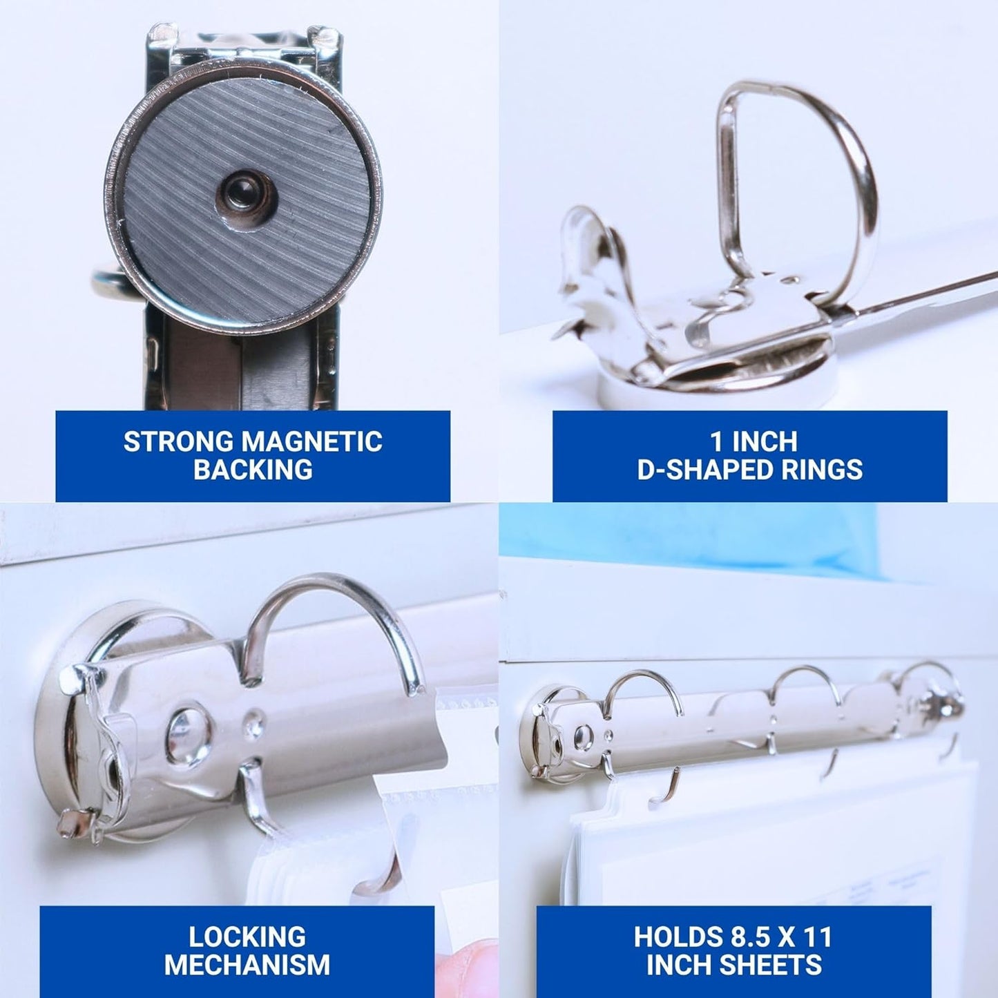 Magnetic Ring Binder Locking Mechanism, 1" D Shaped Rings, 25 Pack - for Hanging 8.5" x 11" Sheets, 225 Sheet Capacity, 50 Protectors Included