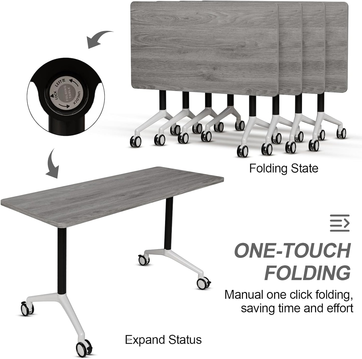 Folding Conference Table, Modern Large Conference Room Tables with Flip-Top Design, Foldable Conference Table Meeting Table with Wheels, Mobile Seminar Training Tables for Office Classroom (4, Oak)