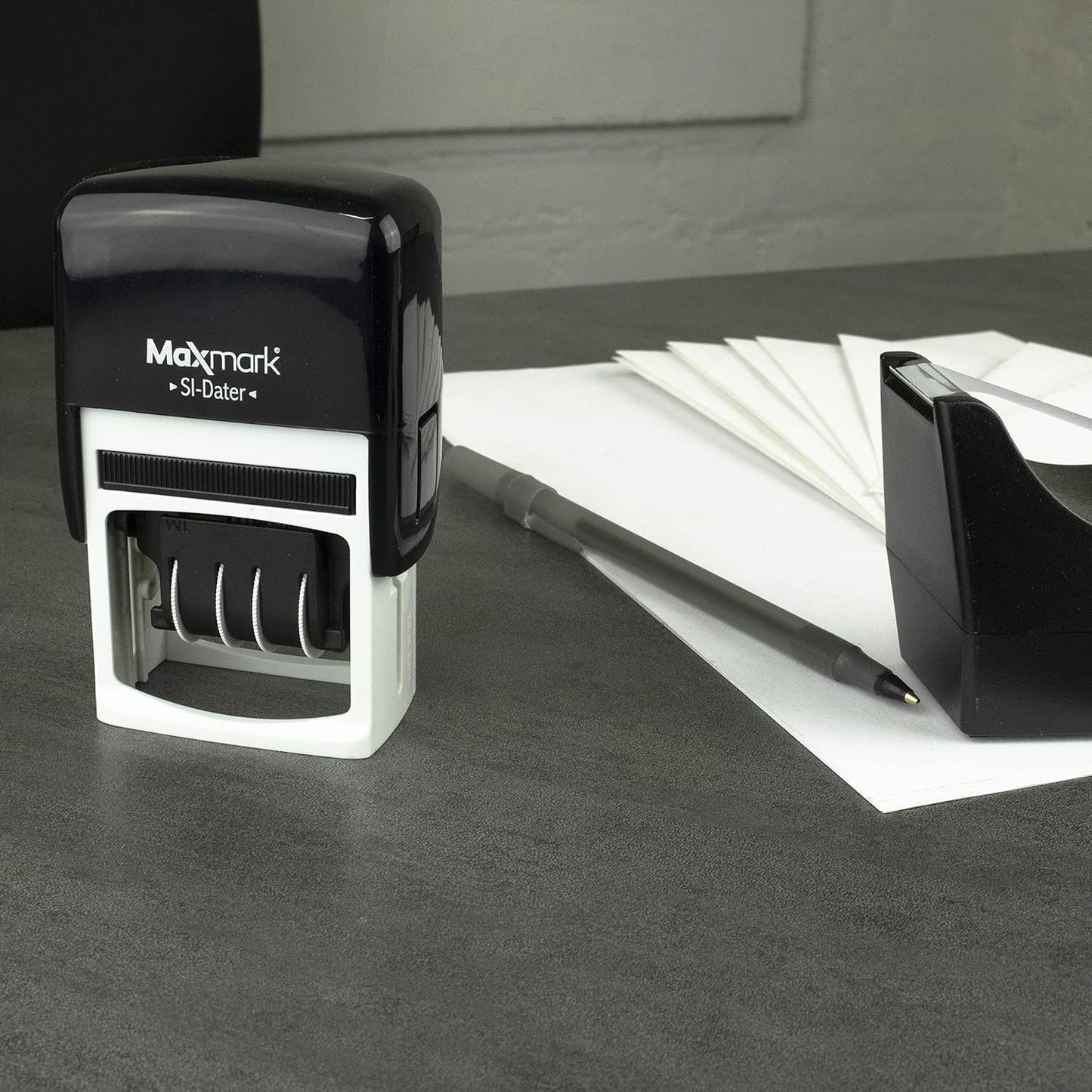 MaxMark Office Date Self Inking Stamp with Your Custom Text - 1" x 1-5/8” - 2-Color Blue/Red Ink