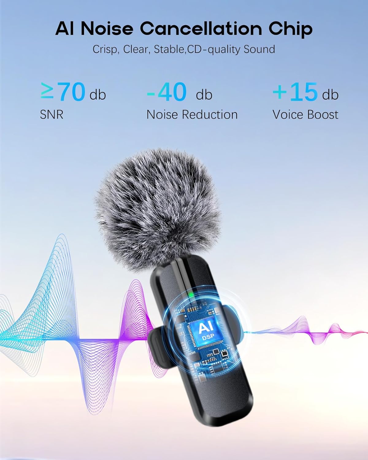 Professional Wireless Mini Microphone for iPhone - 2 Pack Lavalier bluetooth Microphone for Video Recording, 2 In 1 Noise Reduction Lapel Mic for Ipad, Android, Mini Mic for Content Creators Podcast