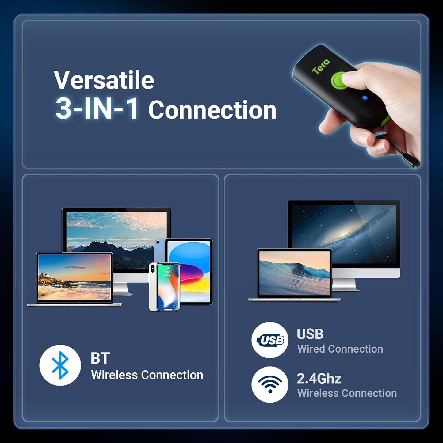 Tera Mini 1D Barcode Scanner: Pocket Waterproof Wireless Laser Scanner 3 in 1 Compatible with Bluetooth USB Wired Portable Bar Code Reader for Store Logistics Work with iOS Windows Android 1100L Green