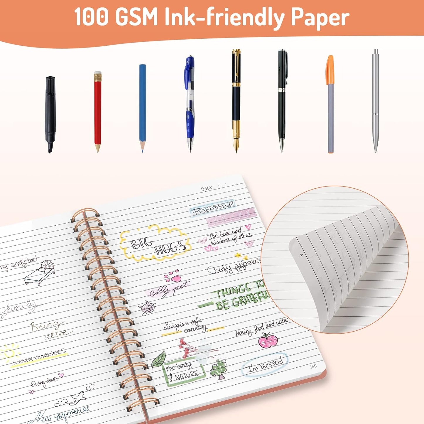 Forvencer A4 Lined Spiral Journal Notebook with 300 Numbered Pages, 11" X 8.5" Thick Journals for Writing with 100GSM Paper, Hardcover Notebooks with Contents for Work, School, Orange