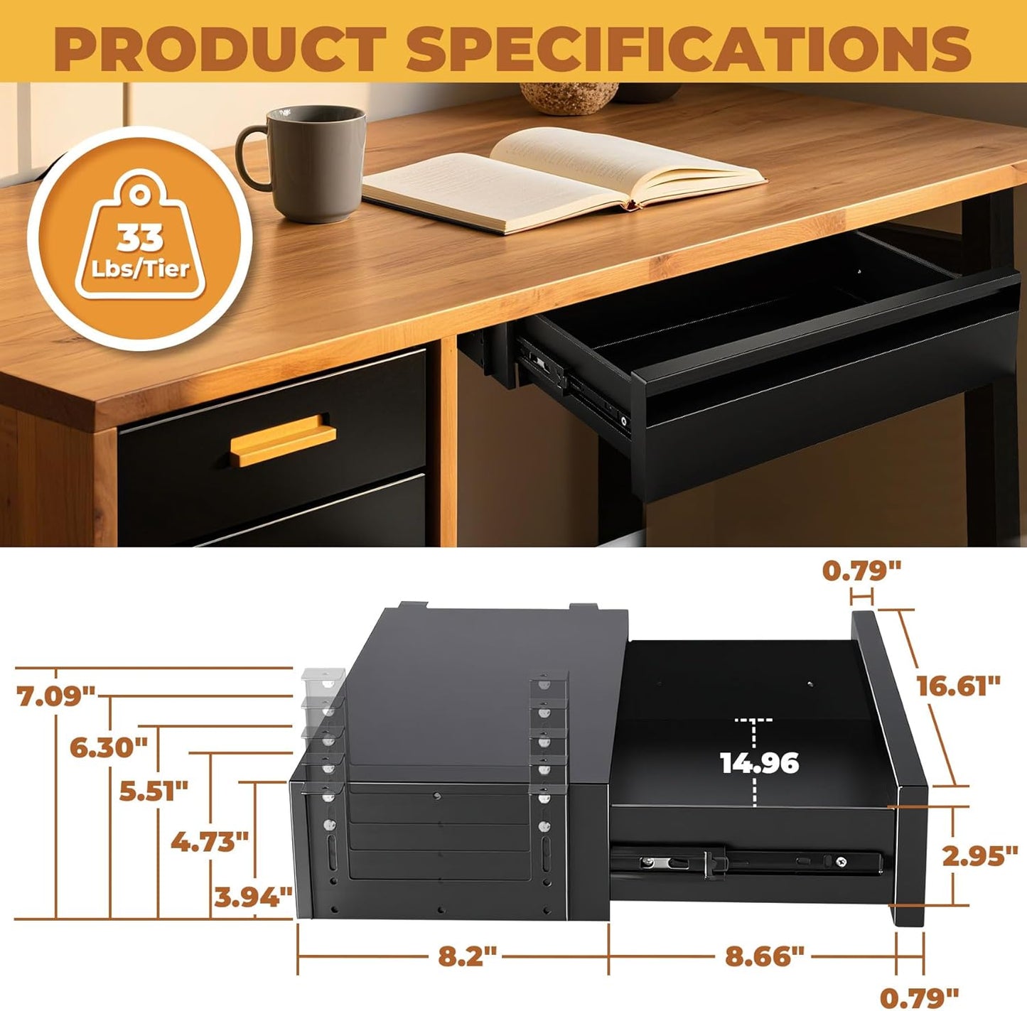 POPMOON 16 Inch Under Desk Drawer,Adjustable Height,Under Desk Drawer Slide Out, Metal Storage Drawer with Cable Management for Office & Home,Matte Black