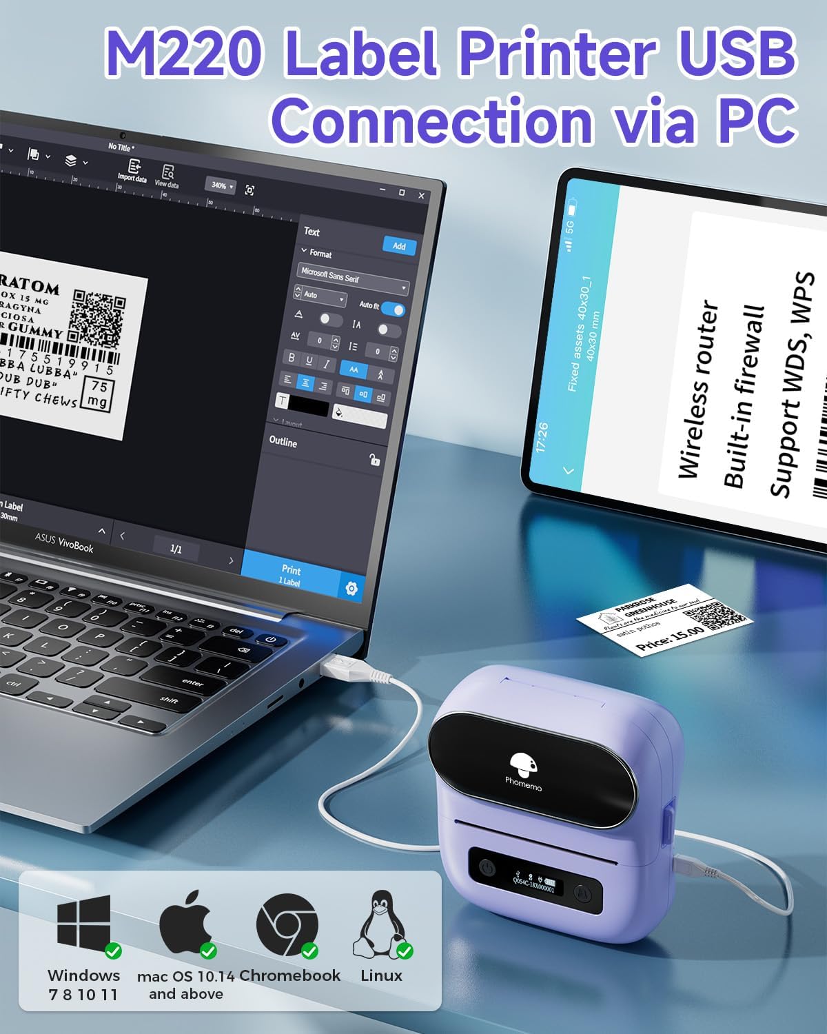 Phomemo M220 Label Maker, Bluetooth Thermal Label Maker Machine for Barcode, Address, Home, Mailing, Small Business,Clothing, Portable Wireless Printer with 1 Rolls Label, Purple