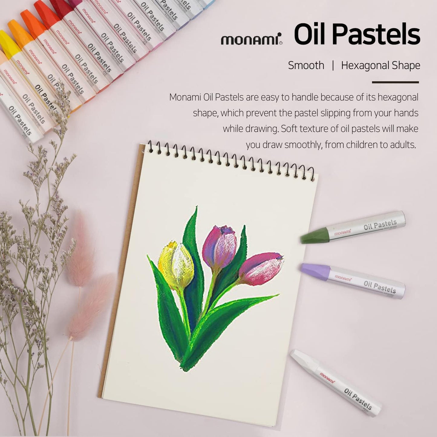 MONAMI Oil Pastels, Jumbo Size Hexagonal Shape Oil Pastels for Kids and Students with Handy Carrying Case, 12 Vivid Colors Pack