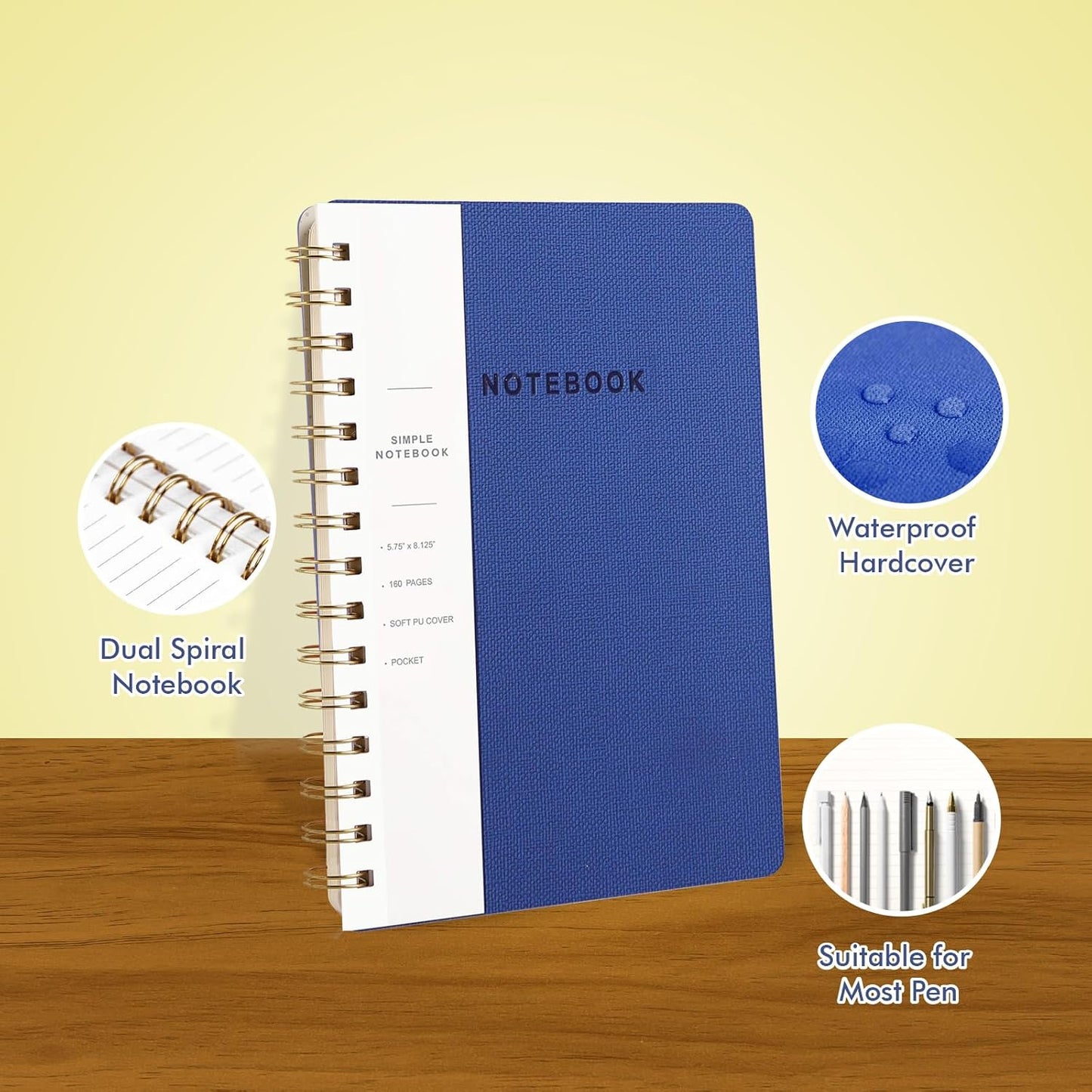 Spiral Notebook - Lined 160 Pages Journal with Back Pockets for College Journal, Twin-Wire Binding Notebook Perfect for Office & Home School Supplies, LightYellow Reefblue Navy Blue