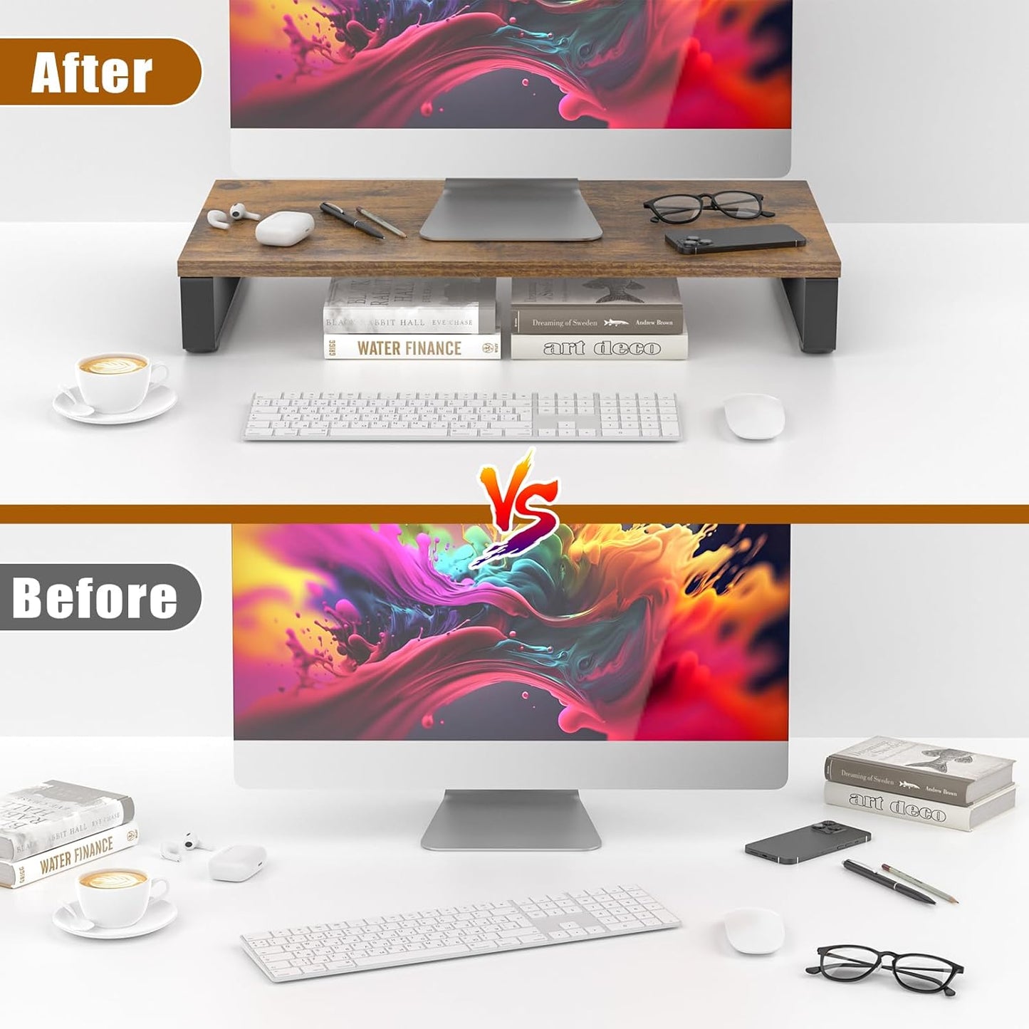 XINYAO Monitor Stand for Desk, Wood & Steel Computer Stand Riser with Storage Organizer for Office Laptop, PC, Printer