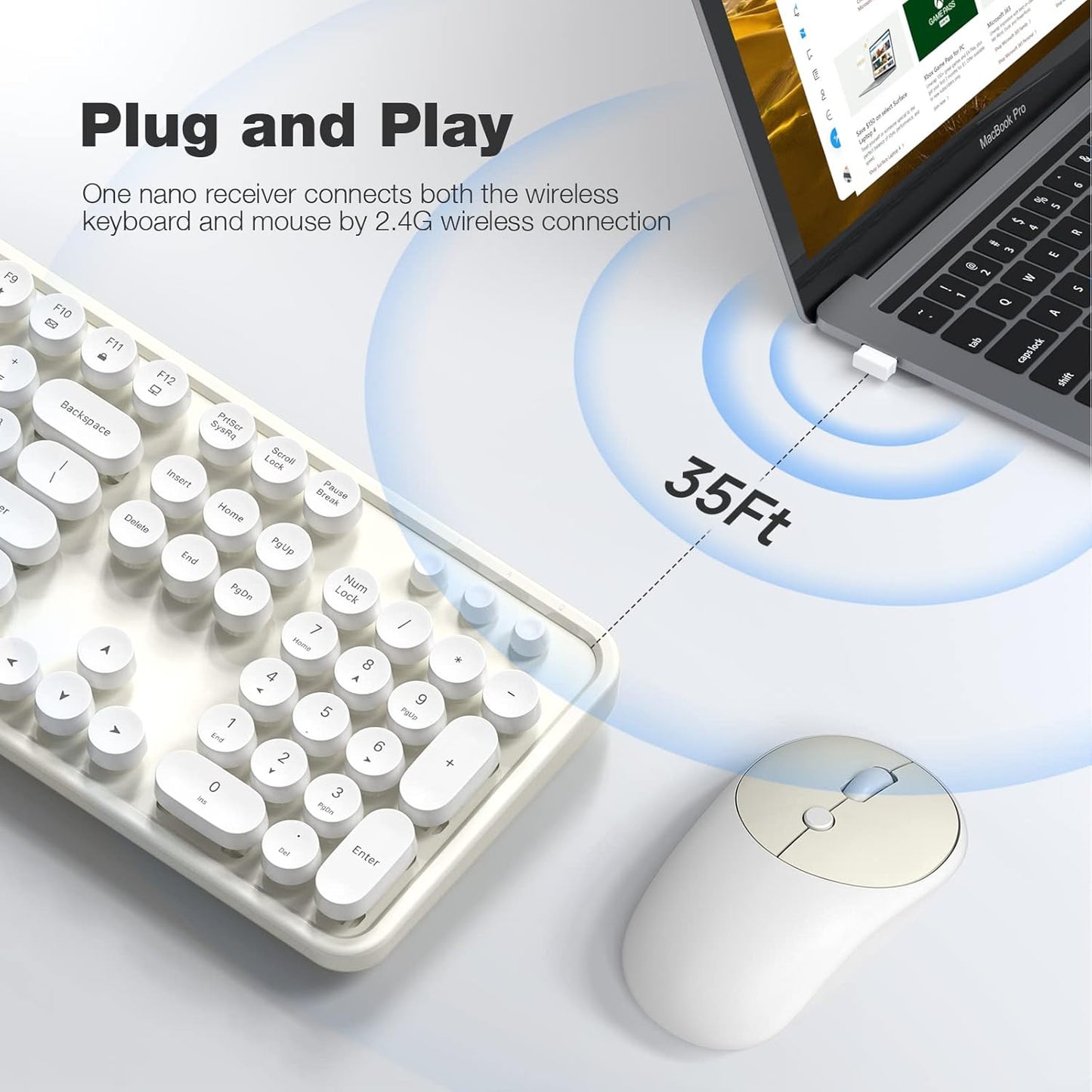 Wireless Keyboard and Mouse, Typewriter Full Size Keyboard with Number Pad and 2 in 1 USB Connected Mouse for Windows 7/8/10, Laptop, Desktop, PC, Computer (Off-White)