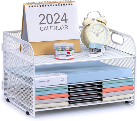 3-Tier Letter Tray Paper Organizer with Handle,Compact Mesh Desk File Organizer for Home Office Supplies Desktop Accessories,White
