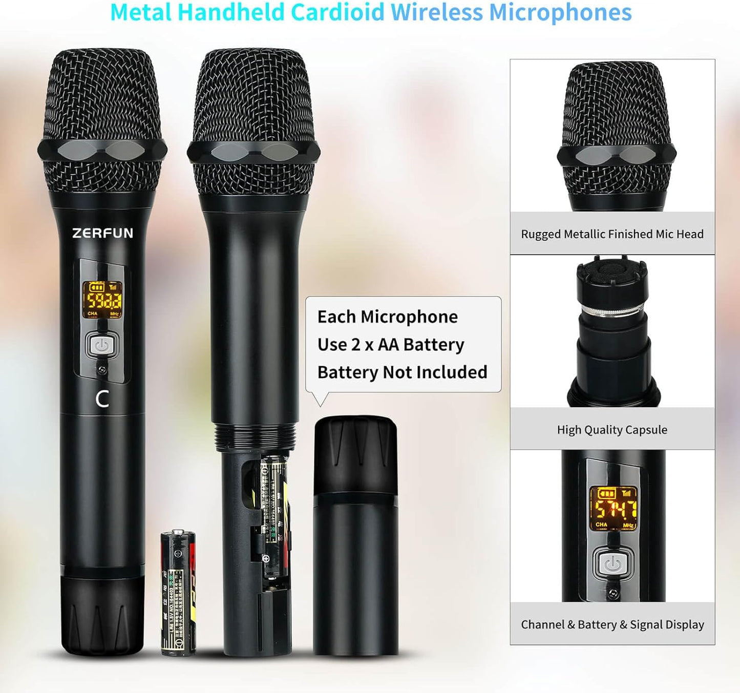 Pro Wireless Microphone System 4 Channel, UHF Metal Cordless Handheld Mics with Echo Bluetooth for Church Karaoke Singing, 4x50 Adjustable Frequency(MU-898 Battery 4 Handheld)