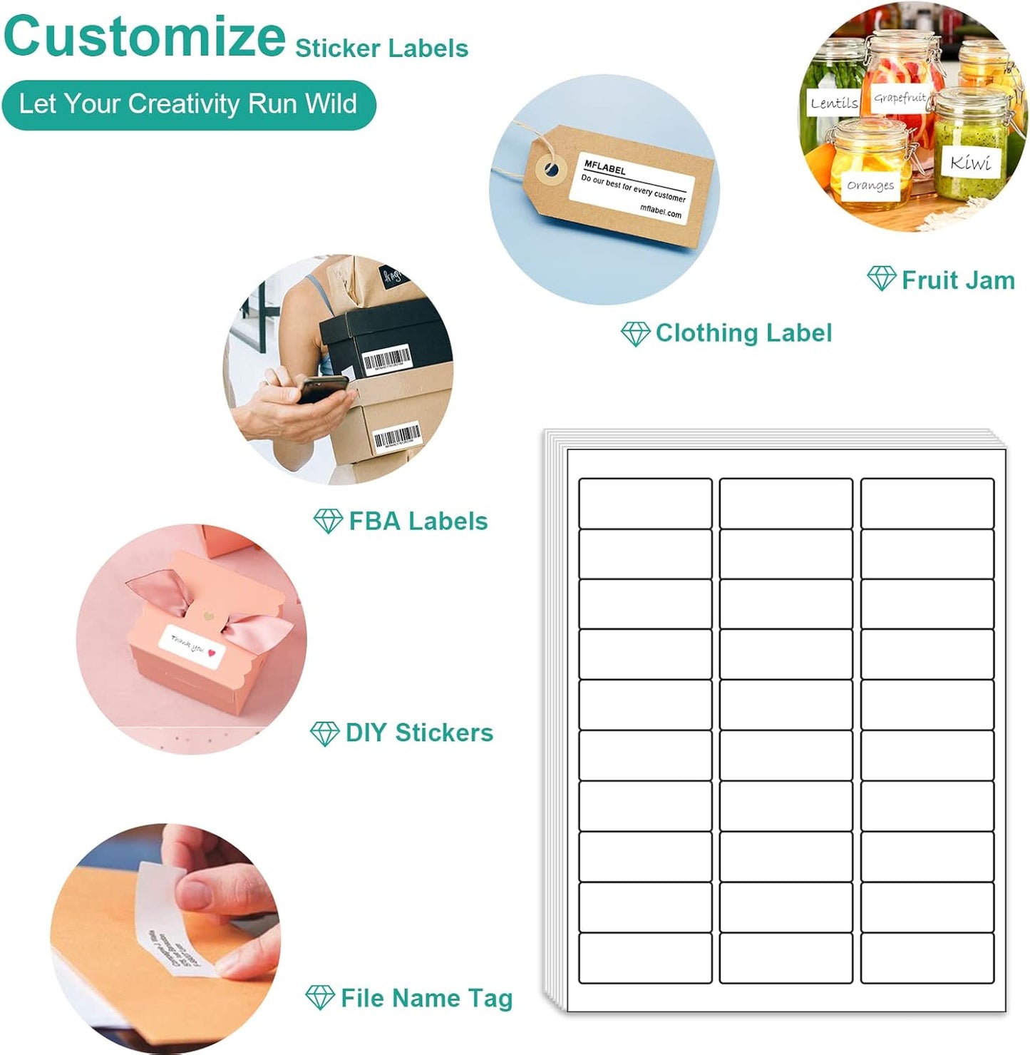 MFLABEL1 x2-5/8Address Mailing Labels, 30-UP White Shipping Label for Inkjet or Laser Printer, 1500 Sticker Label (50 Sheets), 30 Labels per Sheet