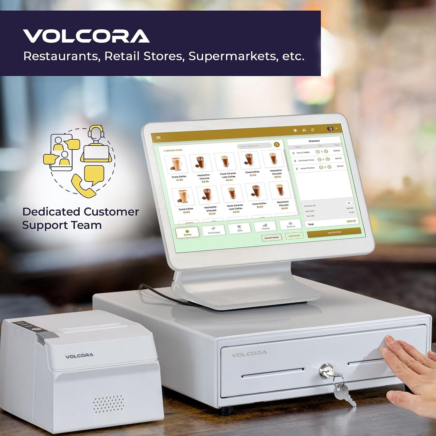 Volcora 13" Manual Push Open Cash Register Drawer for Point of Sale (POS) System, White Heavy Duty Till with 4 Bills and 5 Coin Slots, Key Lock with Fully Removable Money Tray and Double Media Slots