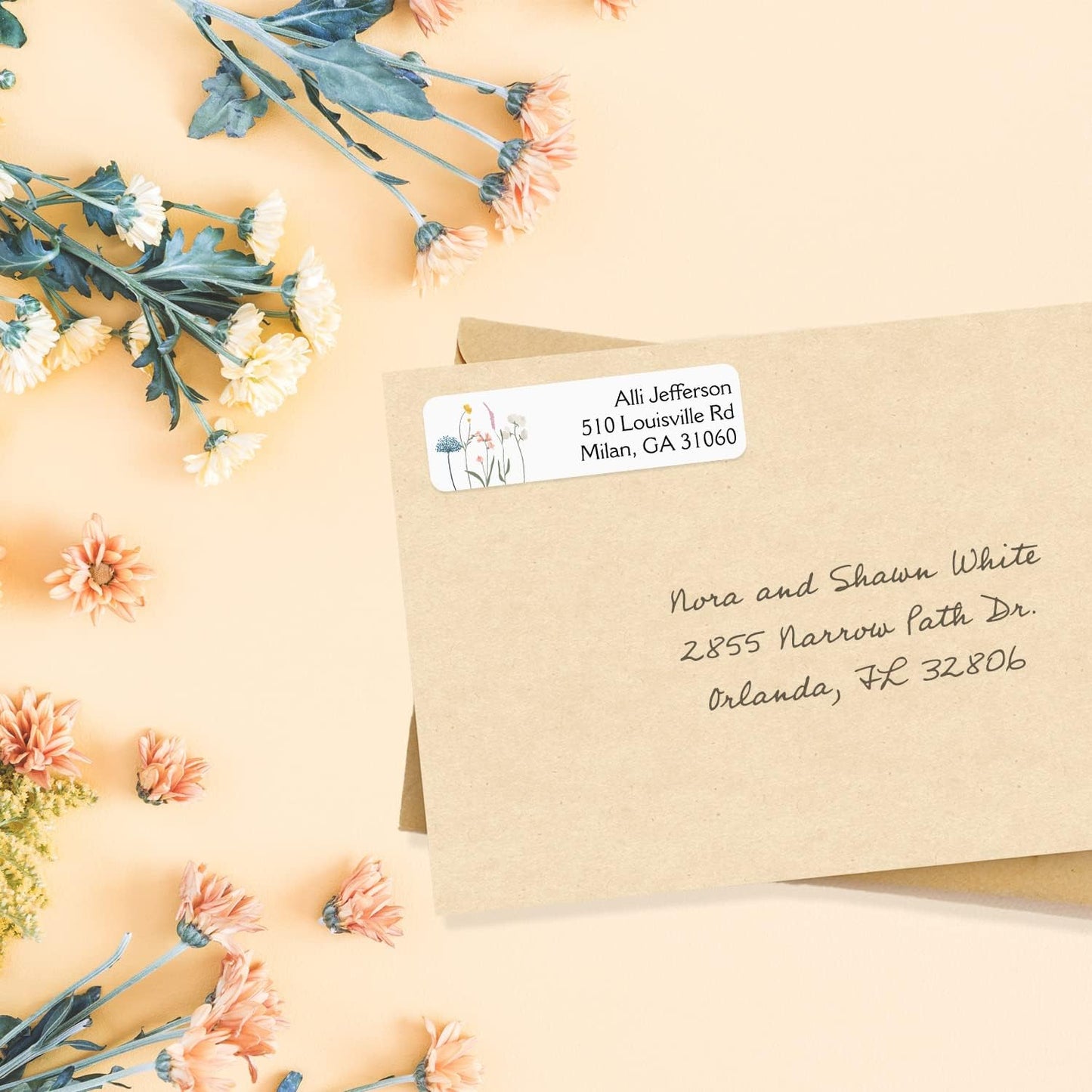 Wildflower Rolled Address Labels / 250 Personalized Return Address Labels/Designer Address Stickers in Elegant Plastic Dispenser