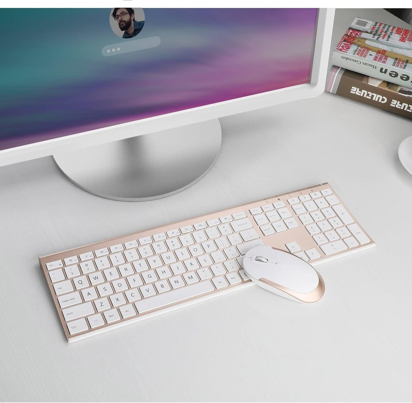 Wireless Keyboard and Mouse, Vssoplor Rechargeable Quiet Full-Size Keyboard and Mouse Combo Set Ultra Slim Design for Laptop, PC, Notebook, Desktop-White and Gold