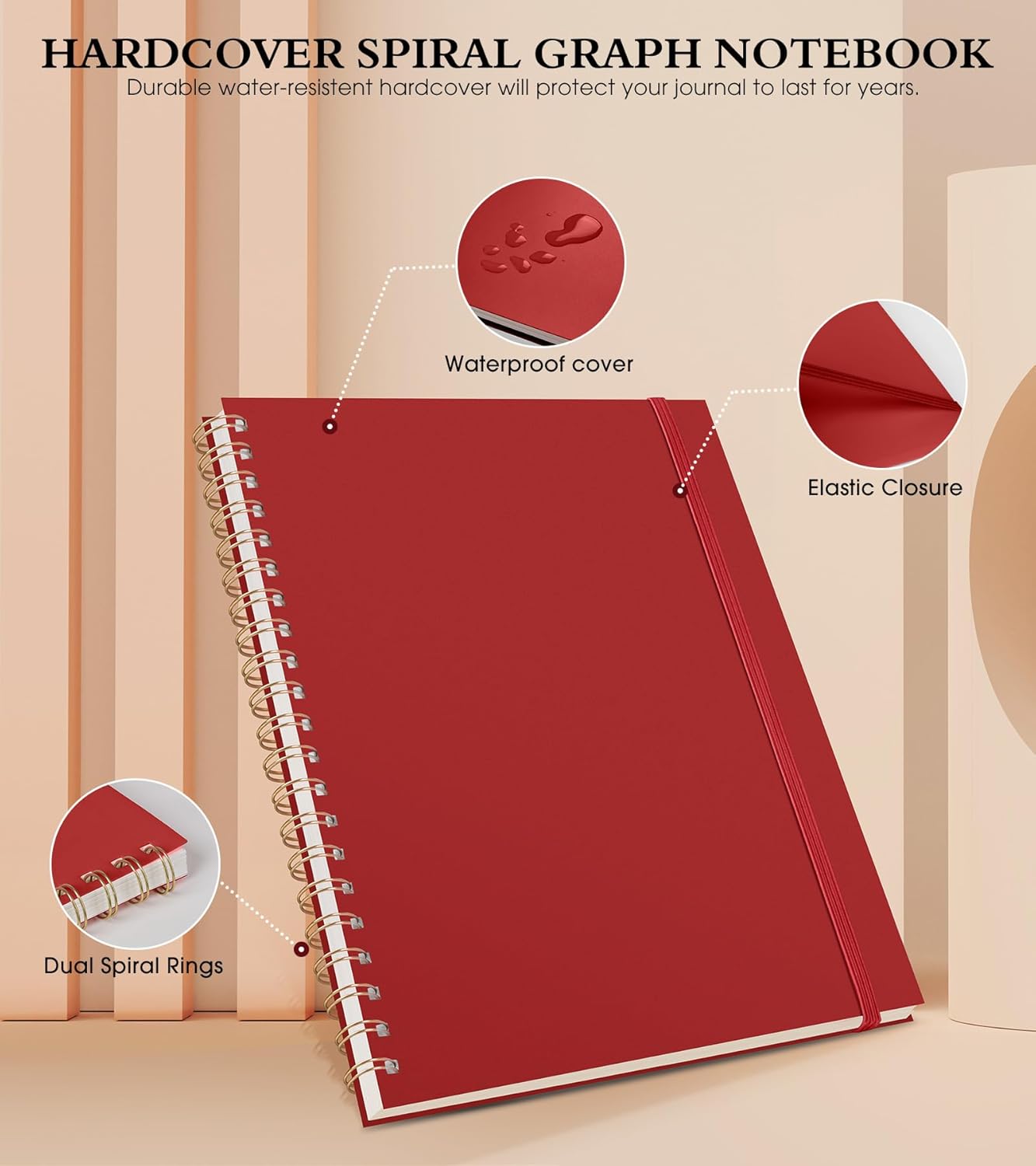 Graph Paper Notebook, Spiral Notebook Journal 8.5” x 11”, A4 Large Grid Notebooks for Women Men, 100 GSM Graph Paper, Plastic Hardcover Spiral Graphing Journals for Work School Engineerin, Red