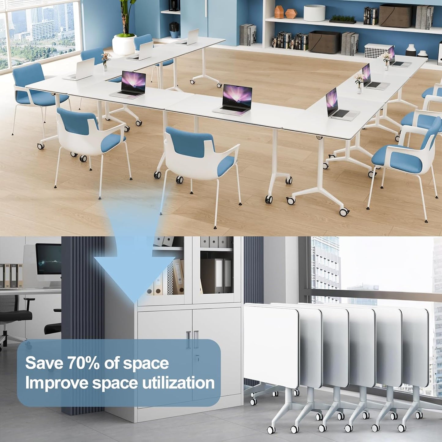 8pack Folding Conference Room Table, Modern Conference Tables with Silent Wheels, Large Rectangular Mobile Training Tables for Office Classroom, Foldable Modular Seminar Table White (L63in)