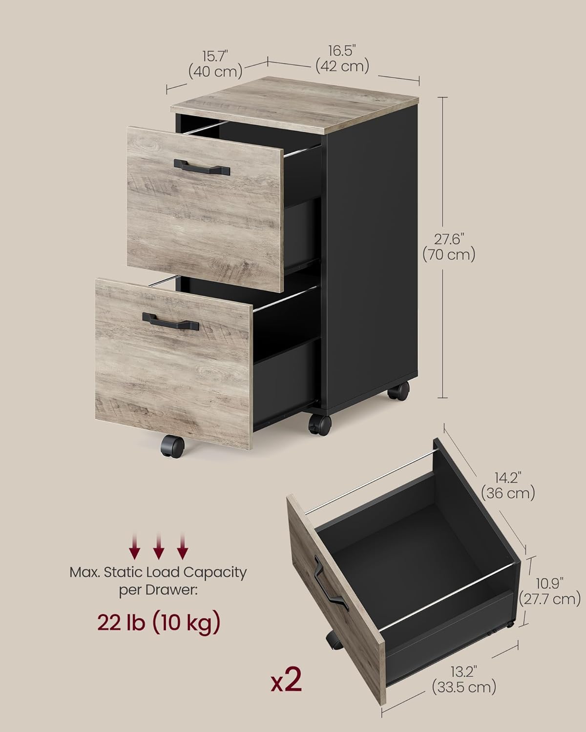 VASAGLE 2-Drawer File Cabinet, Small Rolling Filing Cabinet for Home Office, Printer Stand, for A4, Letter-Size Documents, 15.7 x 16.5 x 27.6 Inches, Heather Greige and Ink Black UOFC040B02
