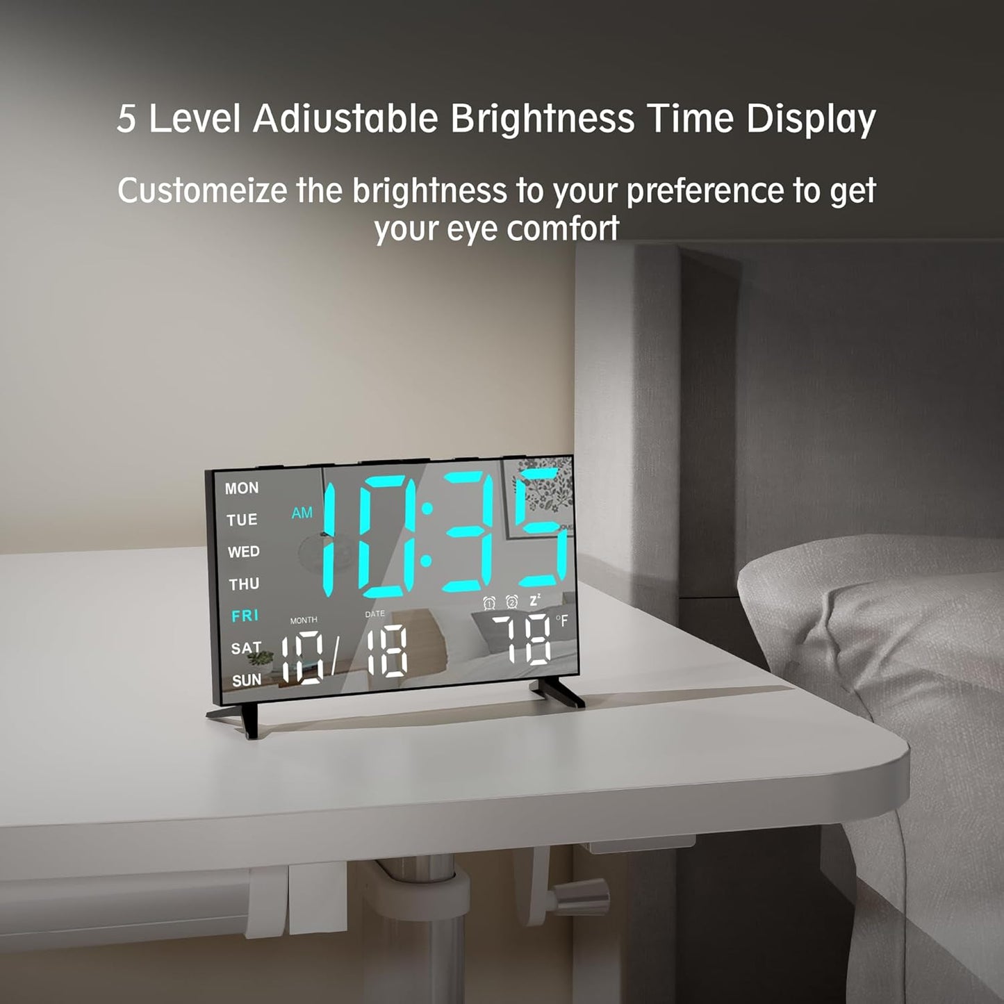 Mirror Digital Loud Alarm Clock,Indoor Temperature,USB Charging Port,Dimmer,Dual Alarms,Adjustable Volum,12/24H,Snooze,Perfect for Bedroom and Living Room (Black+Ice Blue Digit)