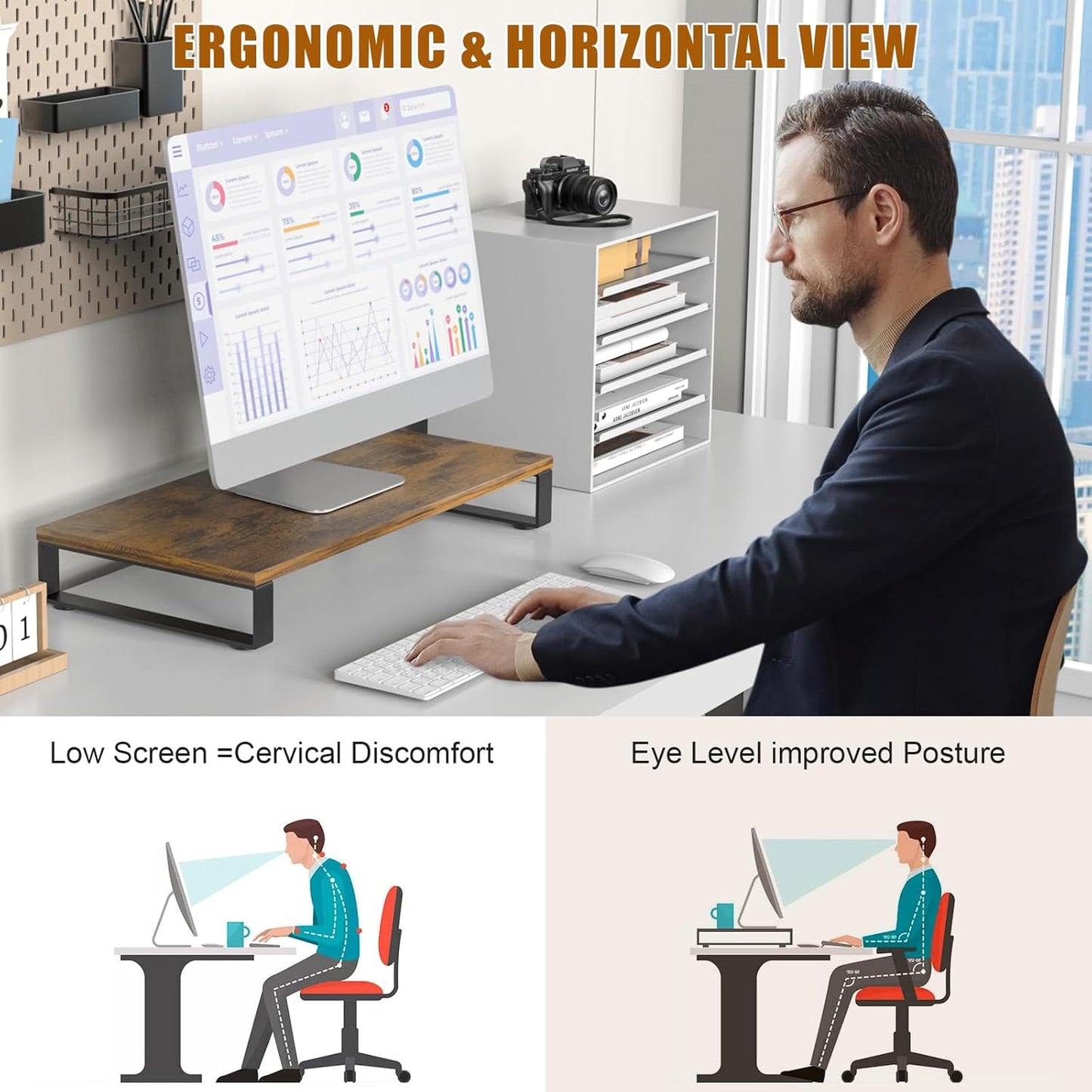 XINYAO Monitor Stand for Desk, Wood & Steel Computer Stand Riser with Storage Organizer for Office Laptop, PC, Printer