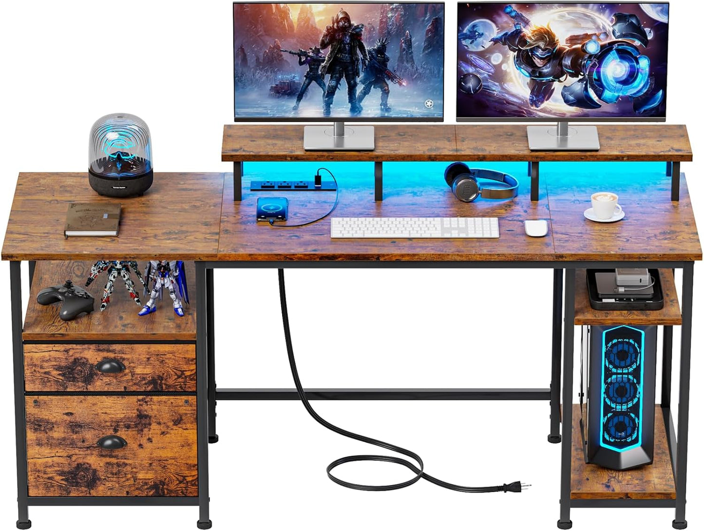 Furologee 61" Computer Desk with Power Outlet and LED Lights, Desk with Fabric File Cabinet Drawer, Large Reversible Table with Shelves and Monitor Stand, Writing Study Table for Home Office