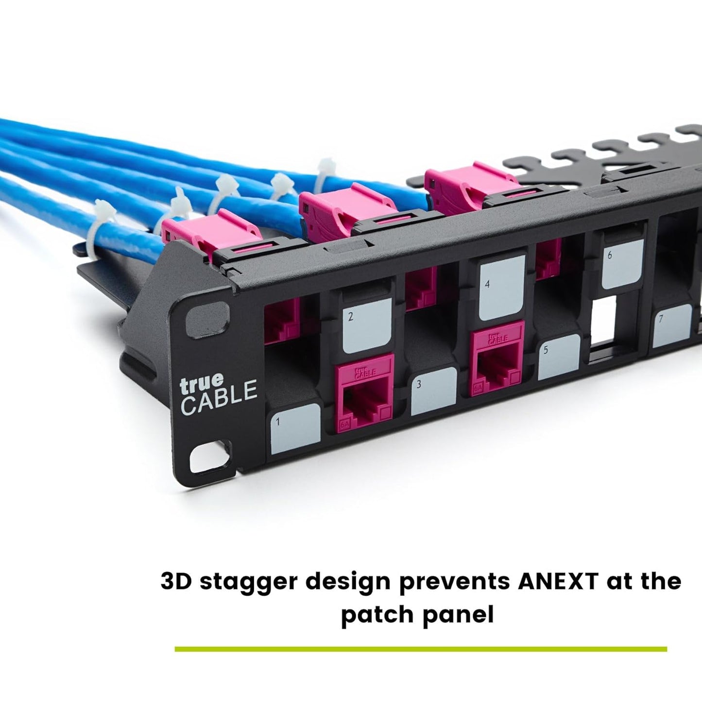 trueCABLE 3-D Staggered 24 Port 19” Toolless Modular Patch Panel, Unshielded, Blank, 1U Rack Mount, with Cable Management Bar, High Density, Black