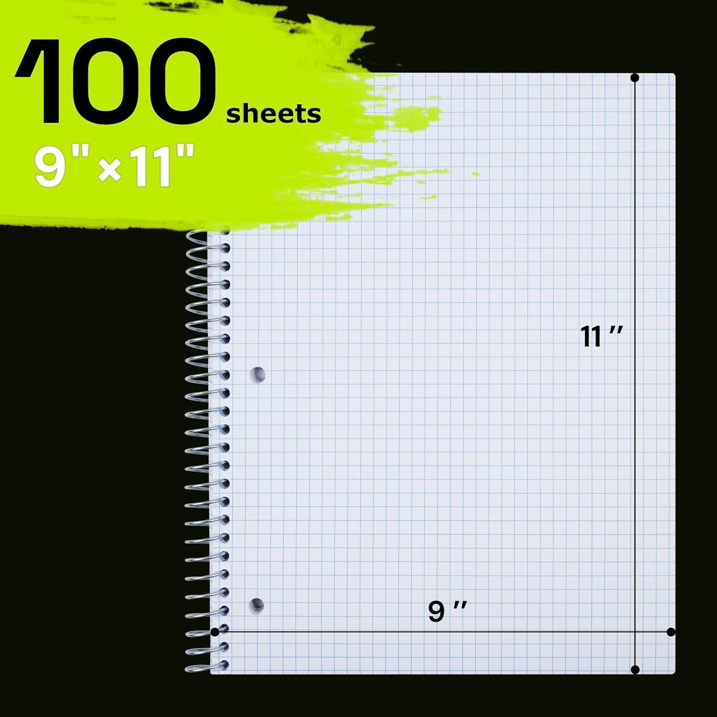 Spiral Notebook for School 6 Pack, 1 Subject, 4x4 Graph Ruled Paper, 100 Sheets, 9" x 11", 1 Divider with Pocket, 3 Hole Punched, Plastic Cover, 1/4" Grid Note Book Bulk, Assorted Colors