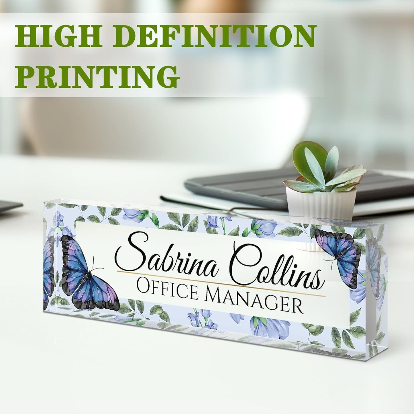 Name Plate for Desk, Desk Name Plate Personalized, Office Decor for Women Men, Acrylic Desktop Accessories, Office Appreciation Gifts for Boss Social Workers Nurse Teacher Employee (Blue Butterfly)