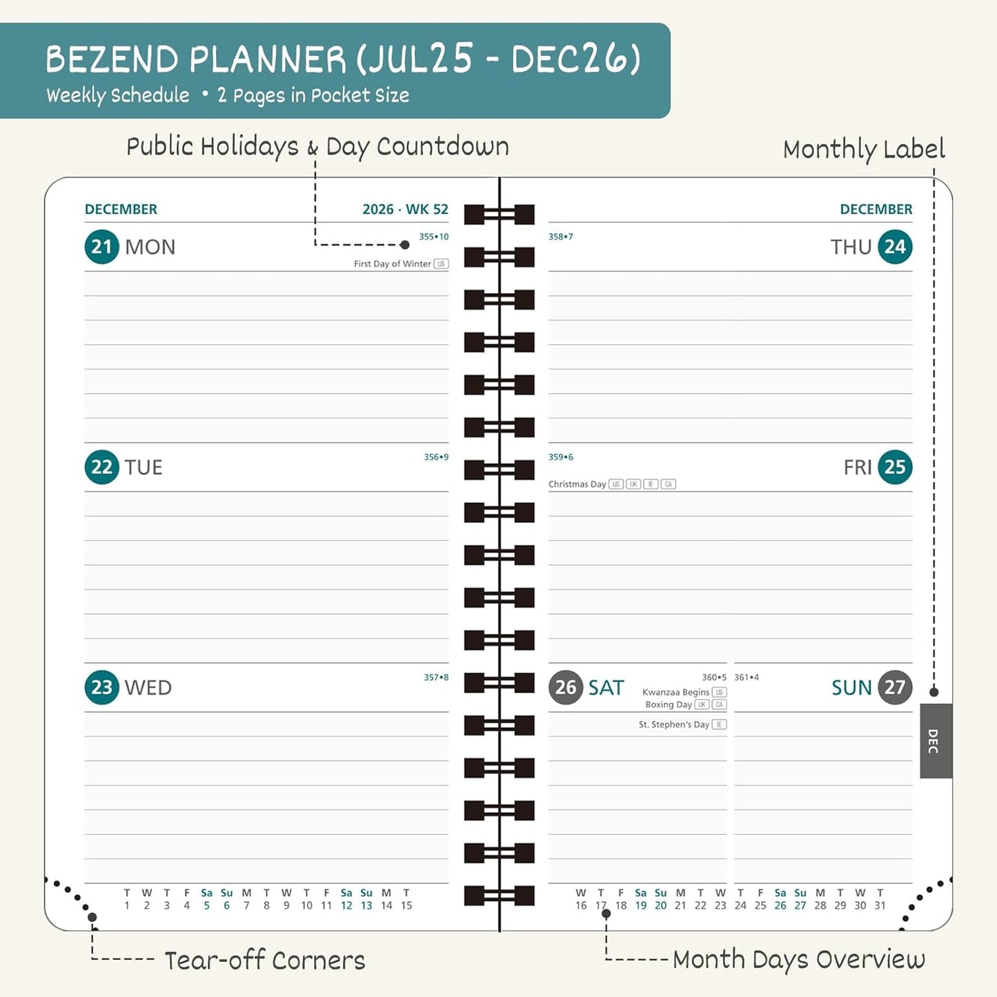 BEZEND Pocket Planner 2025-2026 Weekly and Monthly, 3.5" x 6" Academic Planner (Jul 25-Dec 26) 18-Month Mid-Year Calendar Book, Storage Pocket, Pen Holder, PU Leather Softcover, Spiral - Red